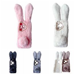 3D Rabbit Fluffy Cases For Huawei PURA 70 Pro 70 Genuine Hair Plush Bling Diamond Fur Fuzzy Tail Soft TPU Ear Cute Cover Mobile Phone Back Skin