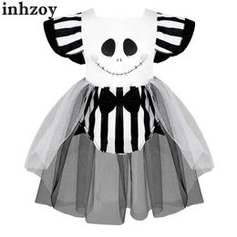 Cosplay Baby Girl Halloween Costume Ghost Costume Rękawki Fletu Skulla twarz drukowana ekran spódnica romper rola odgrywanie imprezy Carnival 240502