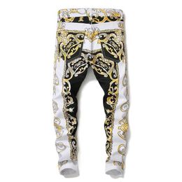 Men's Jeans EHMD White Floral Jeans Mens Anime Embroidery Black and White Split Soft Slim Cotton Stretch Pants Tide Brand Four Seasons T240515