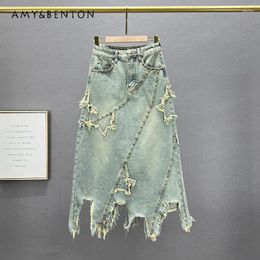 Skirts A-line Denim Skirt Women Trendy 2024 Spring High Waist Loose And Slimming European Style Irregular Jeans Midi