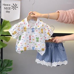Clothing Sets Western Baby Girls Boutique 2024 Korean Full Printed Turn-down Collar Short Sleeve Shirts And Shorts Girl Outfit Set