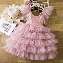 Girl's Dresses Lace Flower Girl Dress White 1st Communion Layer Tulle Clothes Elegant Girl Wedding Birthday Party Costume Kids Summer New Frock GD9G