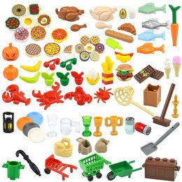 Kitchens Play Food MOC City Mini Building Block Food Accessories Fish Apple Hot Dog Cake Pizza French fries Chicken shaped Brick Box Board Compatible Toys S24516