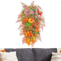 Decorative Flowers Halloween Front Door Artificial Wreath Bow With Fake Pumpkin Autumn Fall Festival Home Decoration Supplies