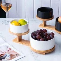 Plates Ceramic Fruit Plate Solid Color Salad Bowl Wooden Base Dessert Snack Tray Dishes Decorative Tableware