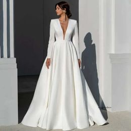 Long Sleeves A Line Satin Wedding Dress Sexy Boho V Neck Bridal Gowns Vestidos De Novia Beach Dresses Covered Buttons Women Brides 0516