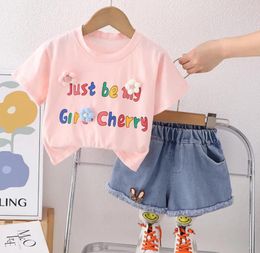 Clothing Sets Girls Summer Clothes Outfits 2024 Fashion Children Suits Dimensional Flower Short Sleeve T-shirt And Denim Shorts Two Piece