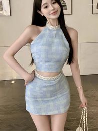 Work Dresses Halter Tanks Top Beaded Sexy Vest Two Piece Sets Womens Outifits Mini Blue High Waist Skirts Summer Temperament Clothing
