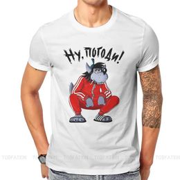 Men's T-Shirts Nu Pogodi mens sportswear crouching wolf tshirt all right as long as you wait for the wolf rabbit cartoon Camisetas novel mens printed loose fitting