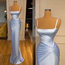 Light Blue Evening Dresses Spaghetti Sheath Party Prom Pleats Formal Long Dress For Red Carpet Special Ocn 0516