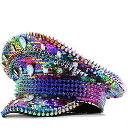 Berets Colourful sequin Women Men Steampunk Military Hat Captain Cap For Lady Sergeant Bridal Hat Hen Do Hat Festival Birthday Part Hat B240516