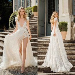 Fashion A Line Wedding Dress For Women V Neck Short Sleeves Backless Bridal Gown Appliques Split Side Dresses Custom Made