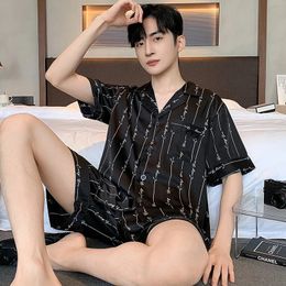 High Quality Mens Pajamas Suit Summer Short Sleeve Ice Silk Sleepwear Set Day Shorts Thin Youth Home Clothes Plus Size Male 240516