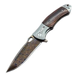 High End Flipper Knife Damascus Steel Drop Point Blade Damascus Steel with Wood Handle Ball Bearing EDC Pocket Knives