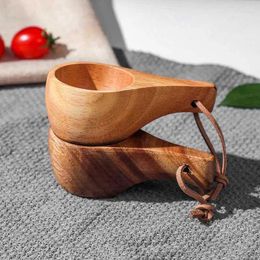 Cups Saucers Mini Mountaineering Wood Cup Single Hole Handle Portable Rubber Creative Handy Coffee Kitchen