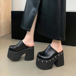 Dress Shoes Black Chunky Heeled Slippers Women Platform Wedge Heels 11cm Punk Rivet Close Toe Summer Size 34-42 Femme Footwear 2024