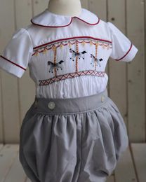 Clothing Sets 0-6Y Boy Summer White Horse Smocked Outfit Suit