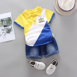 Clothing Sets Summer Children Boys Short Sleeve Crown Patchwork Pattern T-shirt Blouse Denim Shorts Casual Kids Outfits Set