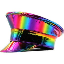 Berets Rainbow Women Men Leather Military Hat Germany Officer Visor Cap Army Hat Cortical Police Cap Cosplay Halloween Hat Party hat B240516