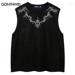 Men's Tank Tops Vintage Black Suede Top Y2K Embroidery Sleeveless Vest T-Shirt Streetwear 2024 Men Harajuku Hip Hop Loose Punk Gothic