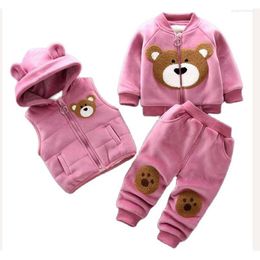 Clothing Sets Cartoon Bear Hooded Vest Sweater Pants 3Pcs Suit Winter Warm Velvet Plush Lining Kid Toddler Boys Girls Bow Autumn Pink