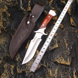 1Pcs New High Quality Survival Straight Knife 8Cr13Mov Satin Drop Point Blade Full Tang Wood Handle Outdoor Fixed Blade Hunting Knives With Leather Sheath