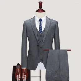 Men's Suits Male High End Slim Blazers Business Dinner Dress Groom Wedding Suit 3 Piece Fashion British Style Mens Stripe Jacket Pants Vest