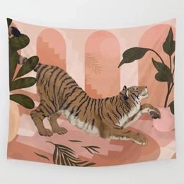 Tapestries Pink Tiger Tapestry Ainmal Plant Cartoon Dorm Room INS Painted Wall Hanging Boho Decor Cloth Jungle