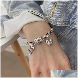 Charm Bracelets 925 Sterling Sier Thai Bracelet For Women 2024 Vintage Geometric Heart Love Lucky Punk Fashion Jewellery Drop Delivery Dhyx9