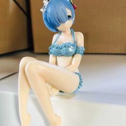 Action Toy Figures 11cm anime twin girl pink and blue hair action sitting posture number collectible model doll toy gift Y240516