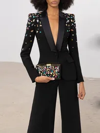 Women's Two Piece Pants HIGH QUALITY Est 2024 Designer Runway Fashion Suit Set Slim Fitting Strass Diamonds Beaded Blazer