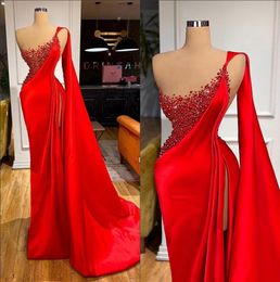 Elegant Sheer Mesh Top Satin Mermaid Evening Dresses Beaded Stones Ruched High Split Sweep Train Prom Gowns Women Formal Occasion Vestidos BC14822