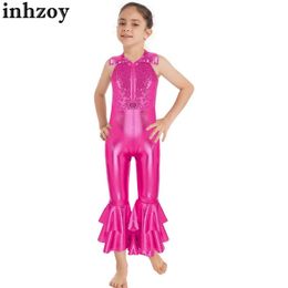 Tanzkleidung Kinder Mädchen 70er Jahre Hippie Disco Jumpsuit glänzende Pailletten Metallic ärmellose Bodysuit mit ausgestatteten Hosen Tanzkleidung Performance Costumel240502