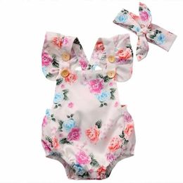 Rompers Baby Girl Floral Tight Fiting Suit Girl Jumpsuit kortärmad tät monteringsdräkt+pannband solnedgång baby barnkläder nyfödda 2st setl240514l240502