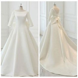 2020 Simple Satin Wedding Dresses 3 4 Long Sleeves Bow Lace Up Back Cathedral Train Wedding Gown Custom Made Vestido de novia 207s