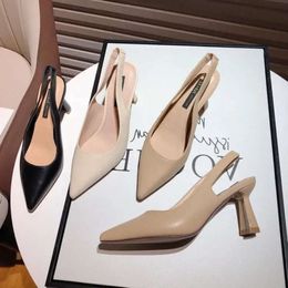beige Naked Black French pointed Dress Shoes womens high heel straight line strap thick heels toe wrap and hollow back sandal woman FasgYYY# eb37 s sal