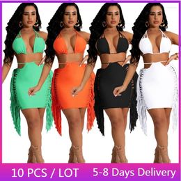 Work Dresses Wholesale Items Summer Beach Outfits For Woman Clubwear Bandage Sexy 2 Piece Sets Womens Halter Top Tassels Skirt Set