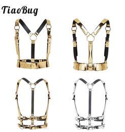 TiaoBug Unisex Fashion Punk Festival Faux Leather Body Sexy Bondage Belt Gold Harness Women Men Waist Belt Club Party Strap Tops7130905