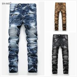 Men's Jeans EHMD Zipper Pocket Jeans Male Bloodshot Decoration Stitching Striped Stretch Cloth 3D Crotch Slim Digital Printing New 2021 T240515