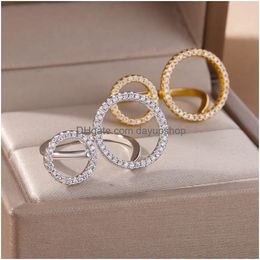 Wedding Rings Stainless Steel Zircon Double Round For Women Open Gold Colour Finger Ring Simple Fashion Korean Jewellery Gift Drop Delive Otqoy