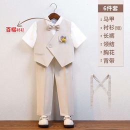 2024 Summer Flower Boys British Wedding Suits Kids Ceremony Tuxedo Birthday Dress Children's Blazer Pants Shirt Photography Suit