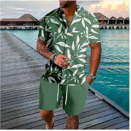 Men's Tracksuits Hawaiian Color Leaf Button Shirts Shorts Hip Hop Streetwear Relaxed Summer Sun Sets Casual Beach Men Clothing