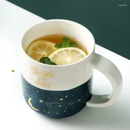 Mugs 400ml Ceramic Romantic Satr Moon Coffee Mug With Lid Spoon Nordic Starry Sky Hand Painted Milk Juice Tea Cup Drinkware