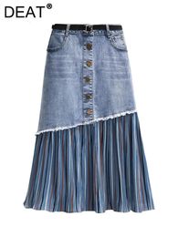 DEAT Womens Denim Skirt High Waist Patchwork Irregular Pleated Colored Stripes Long Skirts 2024 Summer Fashion 29L6536 240515