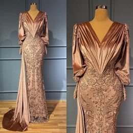 One pcs 2022 Plus Size Arabic Aso Ebi Lace Beaded Mermaid Prom Dresses Velvet Long Sleeves Evening Formal Party Second Reception Gowns 2761