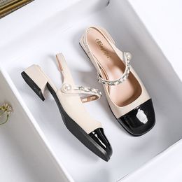 European American Fairy Short Heel Shoes Pearl Chain Designer Sandals 3cm Sexy Lady Shoes Elegant Plus Large Size Summer Sandals Lady Footwear Casual Sandals
