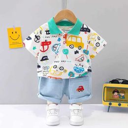 Clothing Sets New Childrens Clothing Set Summer Childrens Boys and Girls Cartoon Car T-shirt Shorts 2 pieces/set Childrens and Childrens Clothing Baby 1 2 3 4 years WX