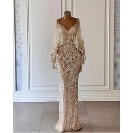 Mermaid Champagne Dresses Spaghetti Straps V Neck Cape Shiny Sequins Appliques Lace Hollow Train Plus Size Formal Party Gowns Custom Made