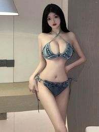 Work Dresses Sexy Lingerie Spicy Girl Strap Up Gini Pants Denim Two Piece Set Hipster Off Shoulder Patchwork Beach Wear Sexiest QP3F