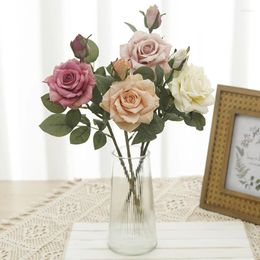 Decorative Flowers 3pcs Artificial With Long Branches 2 Heads Rose Garden Wedding Decoration Family Living Room Vase Arrangement